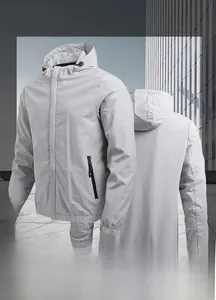 Front and back view of a light grey men's casual hooded jacket with zippered pockets
