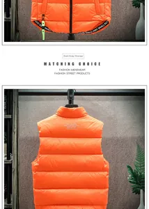 Detailed close-up of bright orange puffer vest featuring standing collar and back logo