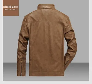 Detail view of the khaki faux leather jacket back with metallic zipper cuffs and slim fit cut