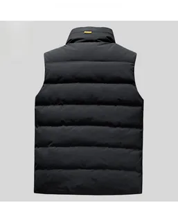 Rear view of black padded vest for men featuring horizontal quilting and windproof fabric