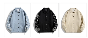 Detail view showing three colors of color-block jackets with paisley print sleeves