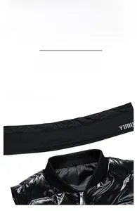 Detail view of glossy black baseball collar vest with a detachable ribbed neck design