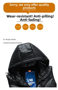 Détail de la veste sans manches noire brillante avec capuche coupe-vent et étiquette