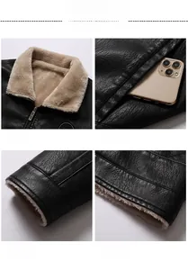 Details von Herren Lederjacke in Schwarz mit warmem beigem Kunstfellfutter im Biker-Stil