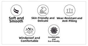 Features diagram: soft fabric, skin-friendly, anti-pilling, windproof, and eco-friendly jacket