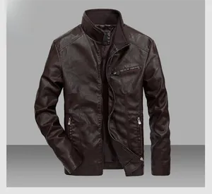 Detailed view of coffee brown men's slim fit PU leather jacket with ribbed stand collar