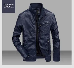 Detailed close-up of dark blue men's faux leather jacket with ribbed collar and zip pockets