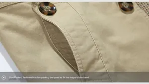 Detail of khaki cotton jacket showing slanted side pocket and dark marble texture buttons