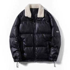 Detail of black PU leather jacket with faux shearling collar and progress sleeve patch