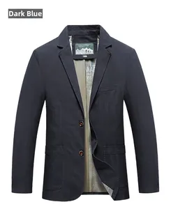 Dettaglio ravvicinato del blazer casual blu scuro da uomo con revers e bottoni marroni