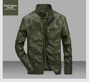 Detail view of dark green men's PU leather jacket with metal zippers and stand collar