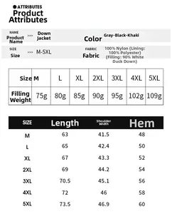 Tableau des tailles détaillé pour gilet en duvet homme avec poids de rembourrage