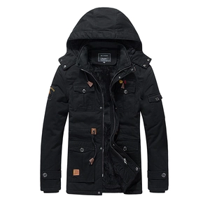 Parka invernale da uomo in cotone nero con fodera in pile e cappuccio regolabile