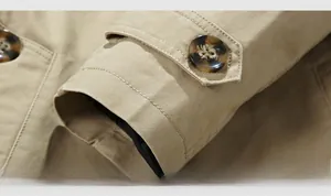 Close-up of khaki cotton jacket cuff showing fine stitching and tortoiseshell button