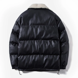 Back view of black PU leather padded jacket with cream fleece collar and elastic hem
