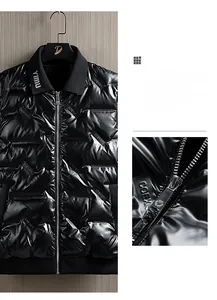 Detailed macro view of the stand-up collar and smooth metallic zipper on this black vest