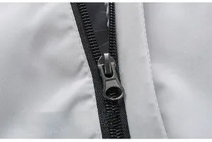 Detail showing smooth high-quality metal zipper and tear-resistant fabric of grey jacket