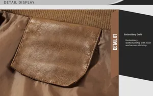 Close-up of embroidery craftsmanship and durable stitching on brown leather jacket