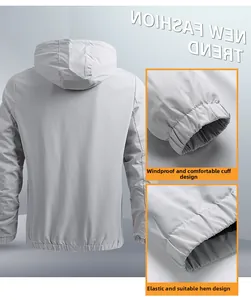 Men's grey hooded windbreaker featuring elastic windproof cuffs and flexible hem detail