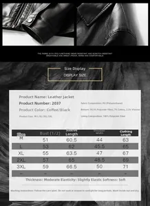 Detailed size chart for men's casual PU leather jacket with fabric care instructions