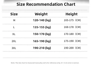 Size chart for men's leather jacket showing height and weight recommendations from M to 3XL