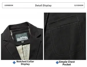 Dettaglio del risvolto e del taschino su una giacca di jeans nera in cotone da uomo