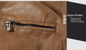 Macro view of brown leather jacket with silver zipper pocket and precise stitching