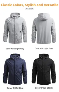 Detailed view of lightweight hooded windbreaker jackets in light grey, blue, and black colors