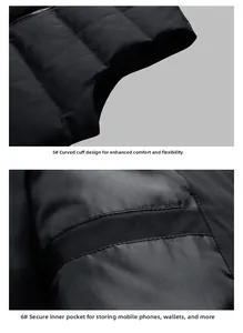 Detail of curved cuff design and secure inner pocket on men's black puffer vest