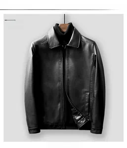 Front view of a classic black faux leather jacket with a stand collar and metallic zipper