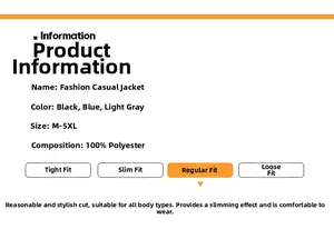 Size chart and specifications for men's casual jacket in black, blue, and light gray colors