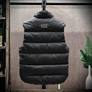 Men's black puffer vest with white RESQUDD back print and high collar design