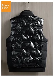 Detail of glossy black quilted men's vest featuring rubberized COEXIST patches on the back