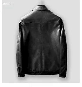 Rear view of black leather jacket showing grainy texture and center back seam detail