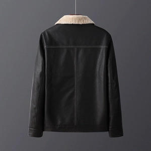 Klassische schwarze Herren-Lederjacke aus PU mit gemütlichem beigem Fleece-Kragen und Design