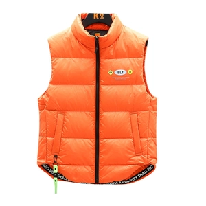 Men's puffy orange down vest with high collar and stylish lettered webbing trim