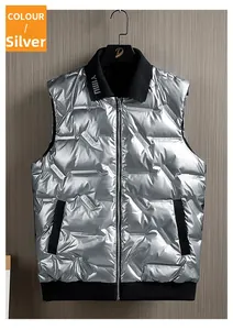 Detailed view of silver metallic vest with embossed COEXIST text and black ribbed collar