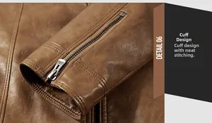 Detailed close-up of brown PU leather jacket cuff with silver metal zipper and stitching