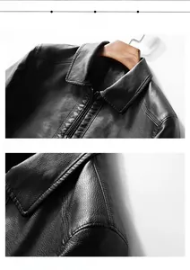 Close-up of lapel design and shoulder stitching on black leather jacket for men