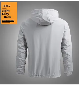 Rear view of a men's light grey hooded casual jacket with elastic cuffs and waistband
