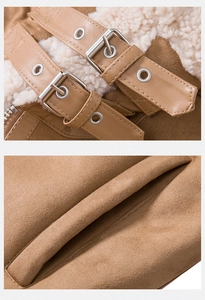Detail der camel Wildlederjacke mit Metallschnallen und weißem Lammfell-Innenfutter