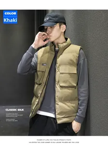 Detailed view of khaki utility vest featuring stand collar and large front flap pockets