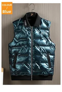 Close-up of shiny blue vest with ribbed collar branding and textured coexist embossing
