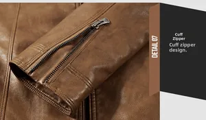 Detailed close-up of brown faux leather jacket sleeve with a functional metal zipper