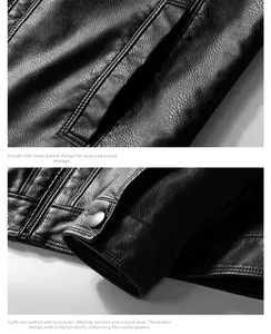 Detailed macro view of black faux leather jacket cuffs with metal snaps and side pockets