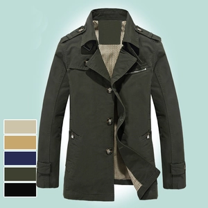 Military style cotton trench coat for men with stand collar and classic plaid lining detail