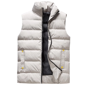 Men's light grey padded puffer vest with stand collar and horizontal quilting