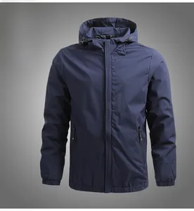 Detailed front view of men's hooded windbreaker jacket in navy blue with full zipper