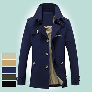 Men's navy blue cotton windbreaker jacket with stand collar and checkered lining