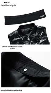 Detail showing detachable ribbed baseball collar and metal zipper on black puffer vest